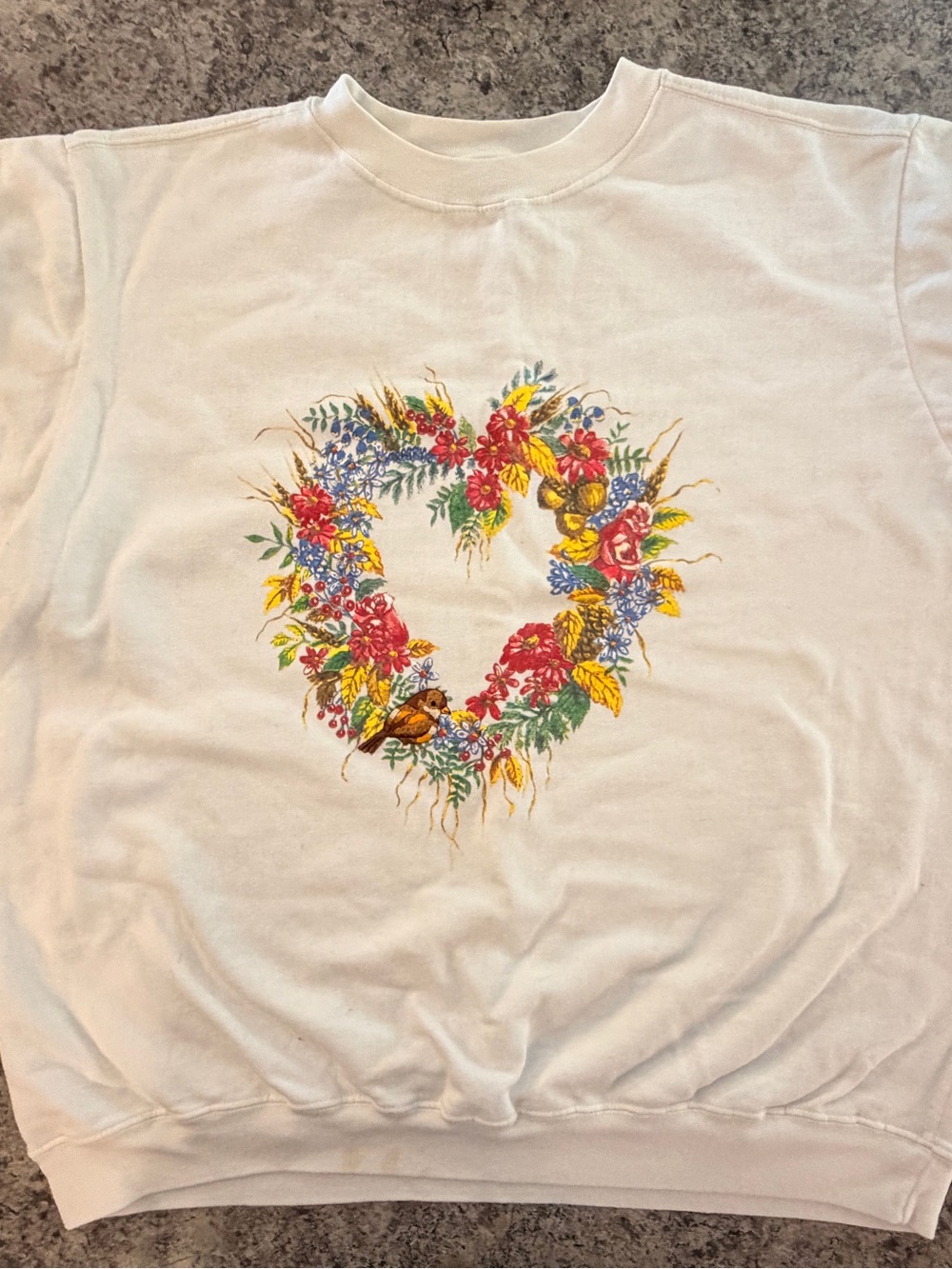 Vintage Basic Editions 2XL White Floral Bird Heart Sweatshirt Cottagecore